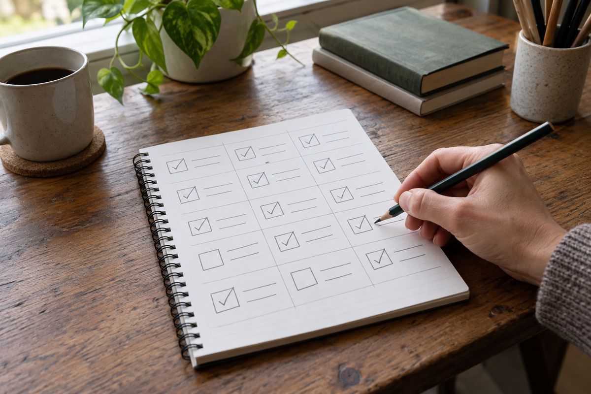 Hand holding a pencil over a notebook with a hand-drawn checklist grid