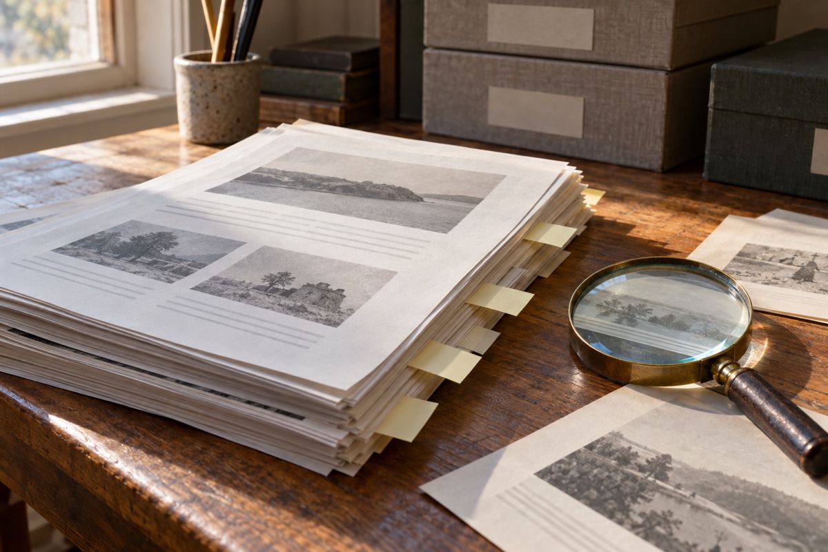 Stack of printed archive pages with sticky tabs and a magnifying glass on a table