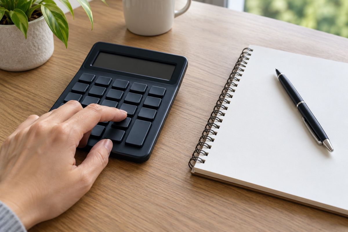 Hand using a desktop calculator next to a blank notepad and pen