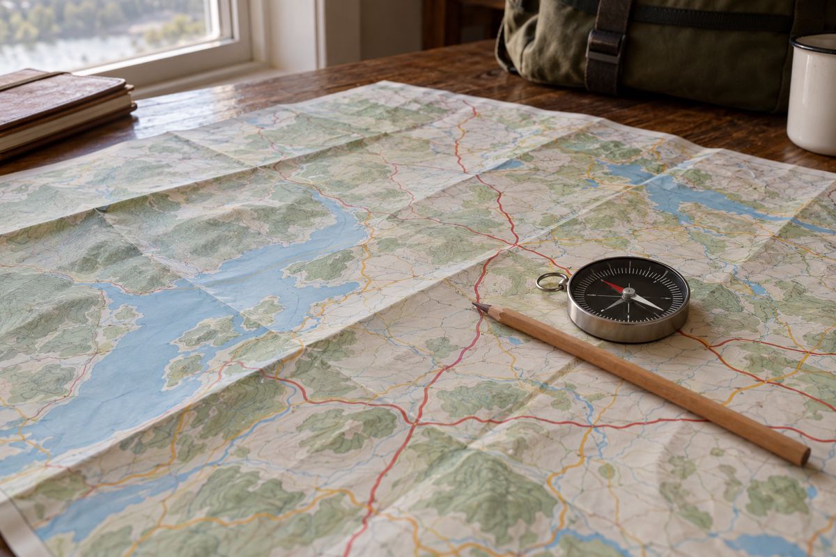 Unfolded paper road map with a pencil and compass resting on a route