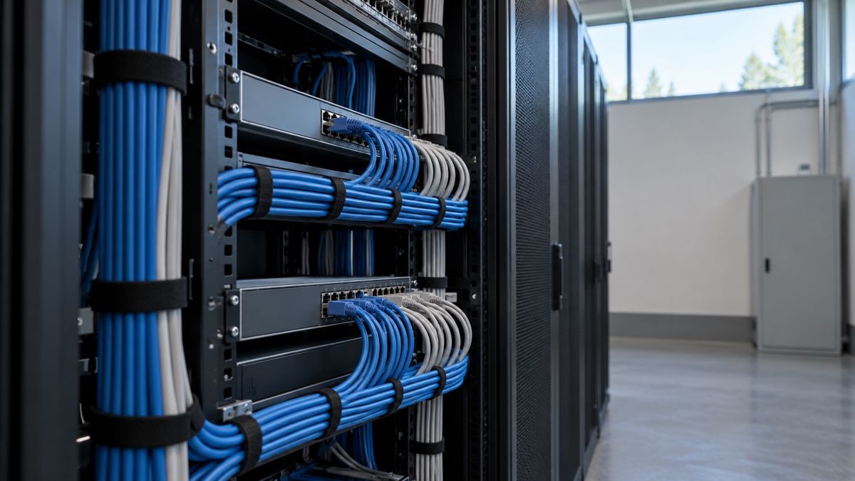 Server rack seen from the side with neat cable bundles and network switches